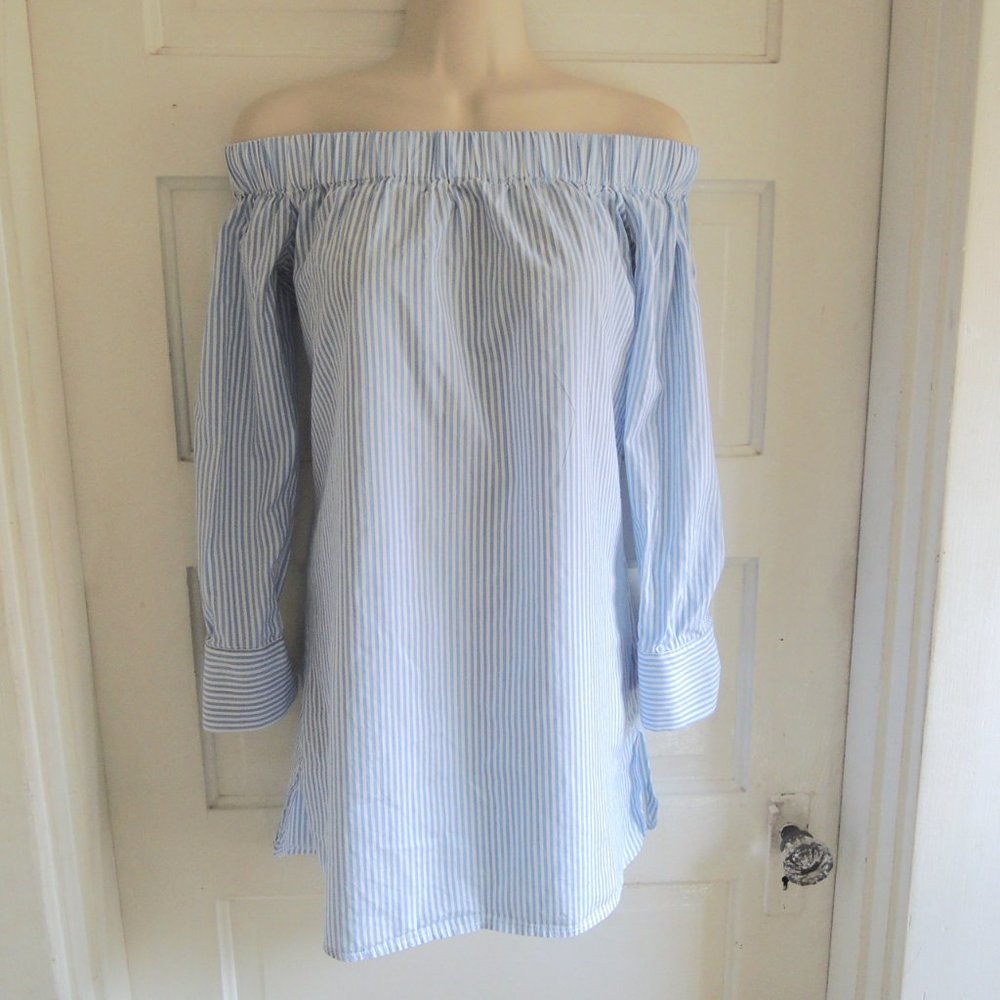 Blue & White Pinstripe Elastic On/Off Shoulder Beachy Cotton Top S